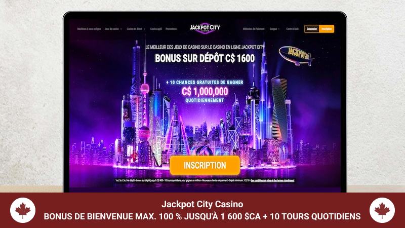 Page d'accueil de JackpotCity Casino sur l'écran de l'ordinateur portable.