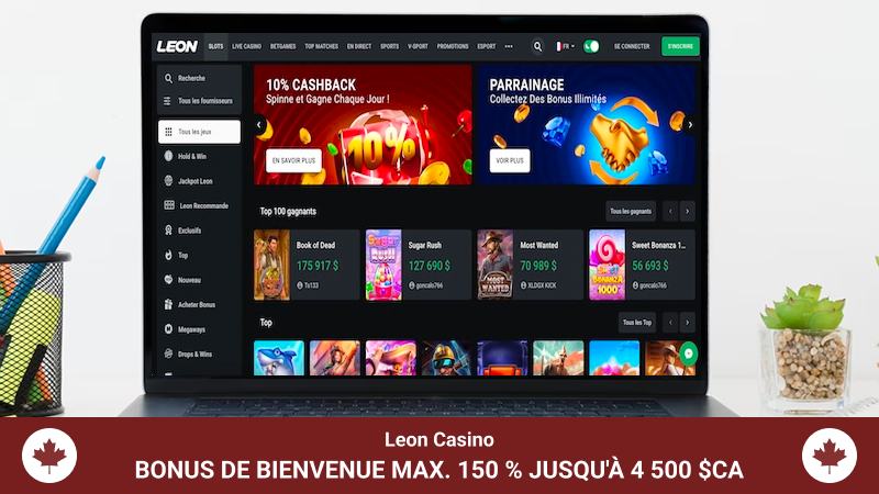 Page d'accueil de Leon Casino affichée sur l'écran de l'ordinateur portable.