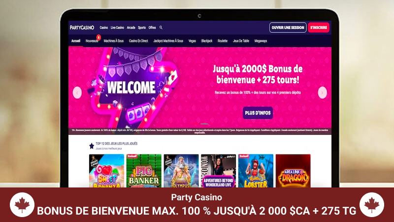 Page d'accueil de Party Casino affichée sur l'écran de l'ordinateur portable.