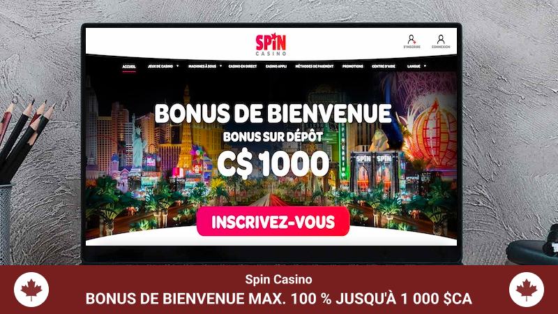Voici l'interface principale de Spin Casino affichée sur un ordinateur portable.