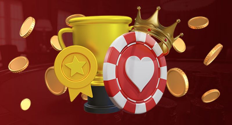 a trophy, a royal crown, and poker chips set against a vibrant red backdrop