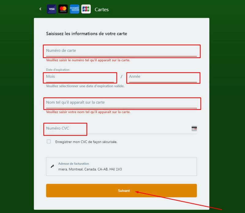 Dépôt avec American Express Étape 4