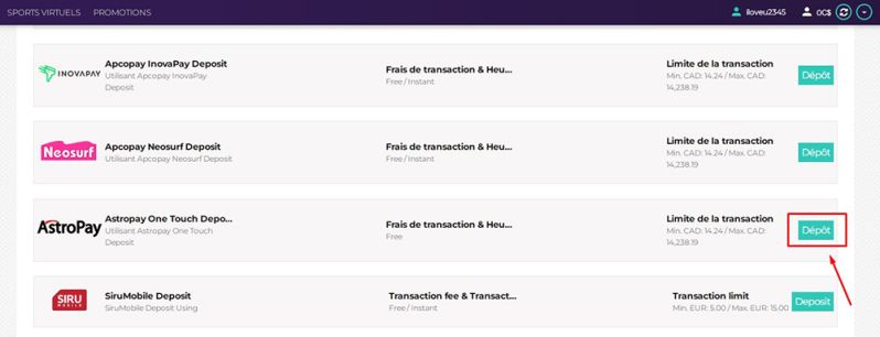 Dépôt avec Astropay Étape 3
