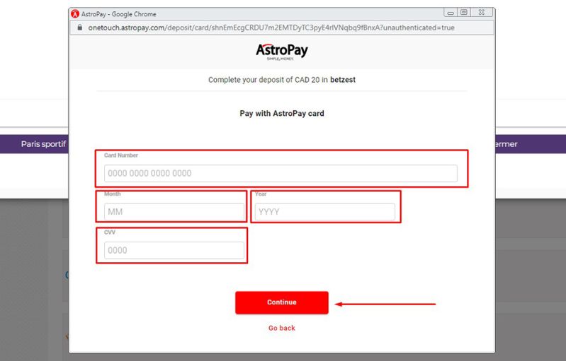 Dépôt avec Astropay Étape 5