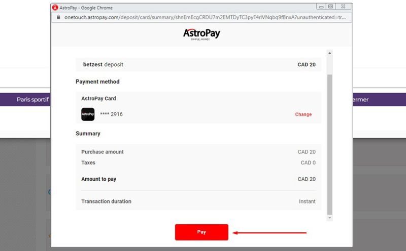 Dépôt avec Astropay Étape 6