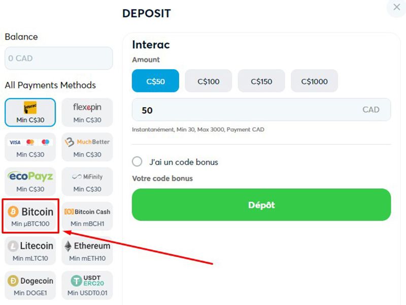Dépôt avec bitcoin étape 3