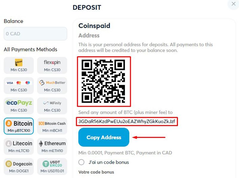 Dépôt avec bitcoin étape 4