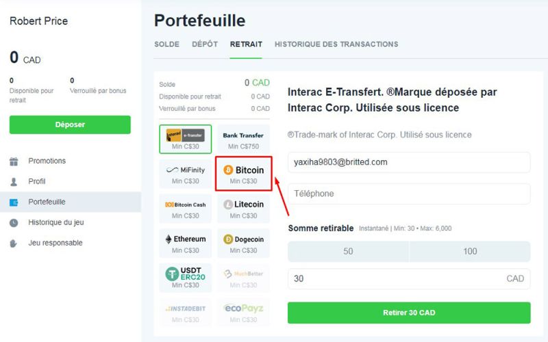 Retrait avec Bitcoin étape 4
