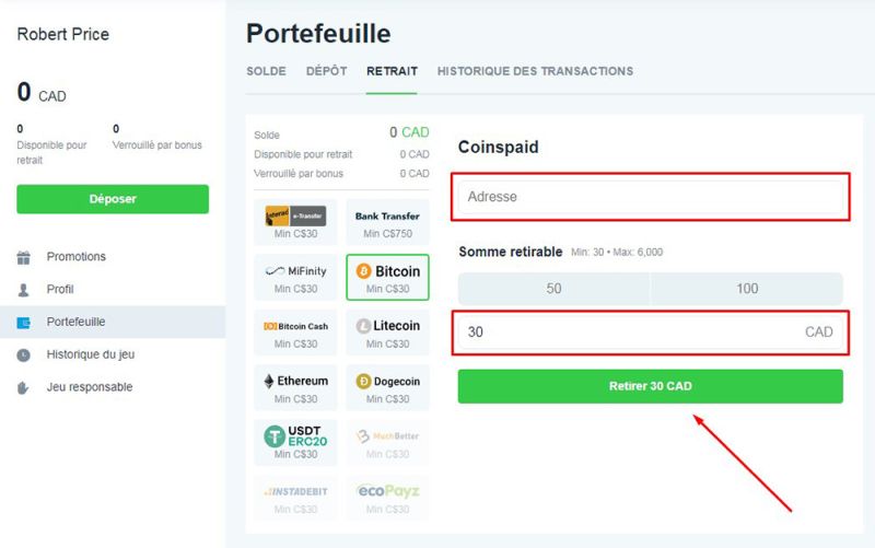 Retrait avec Bitcoin étape 5