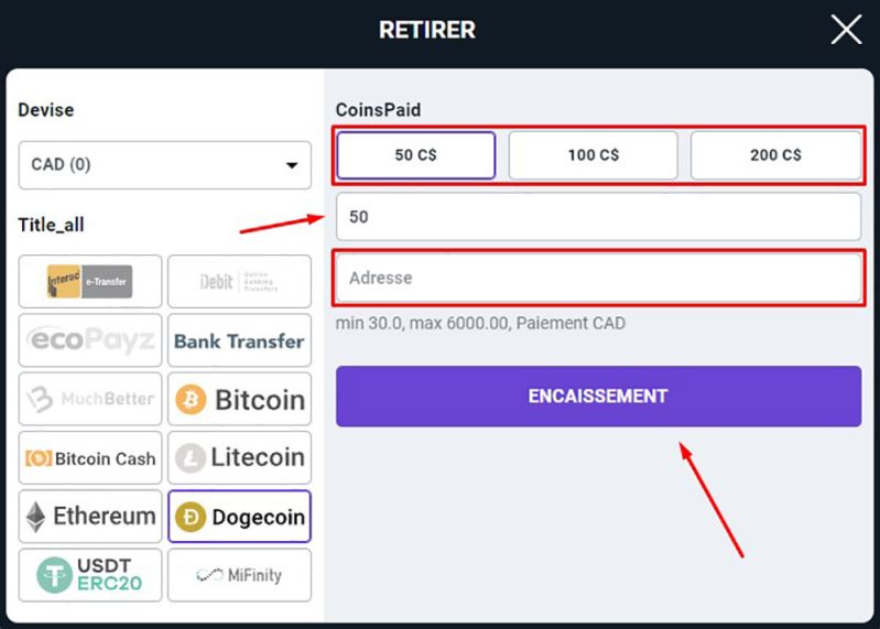Retrait avec Dogecoin Étape 4