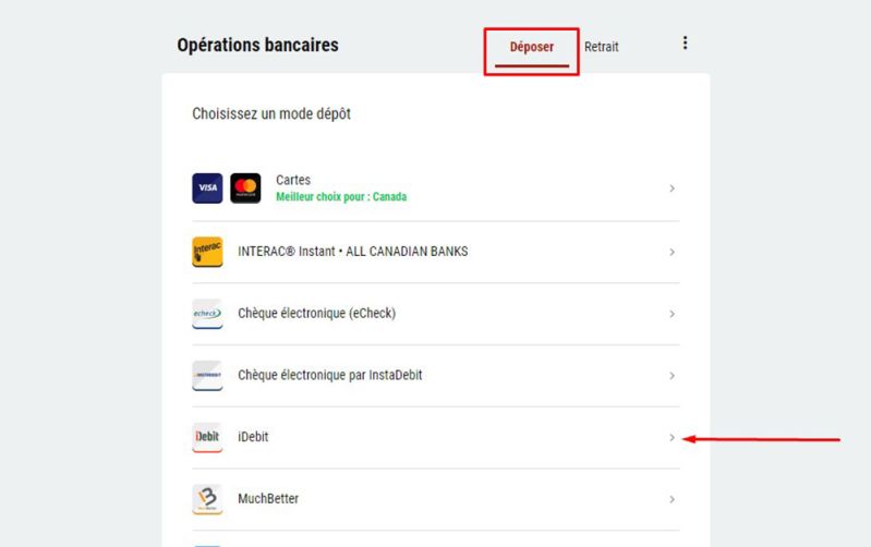 Dépôt avec iDebit Étape 3