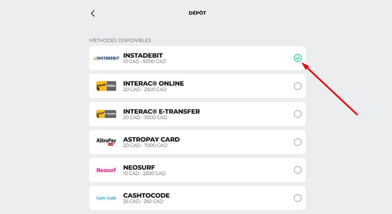 Cliquez sur la colonne Instadebit