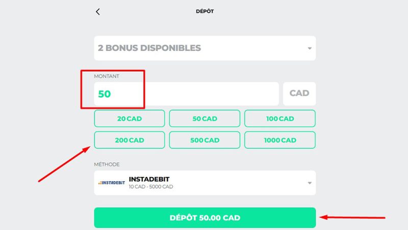 Choisissez le montant du dépôt