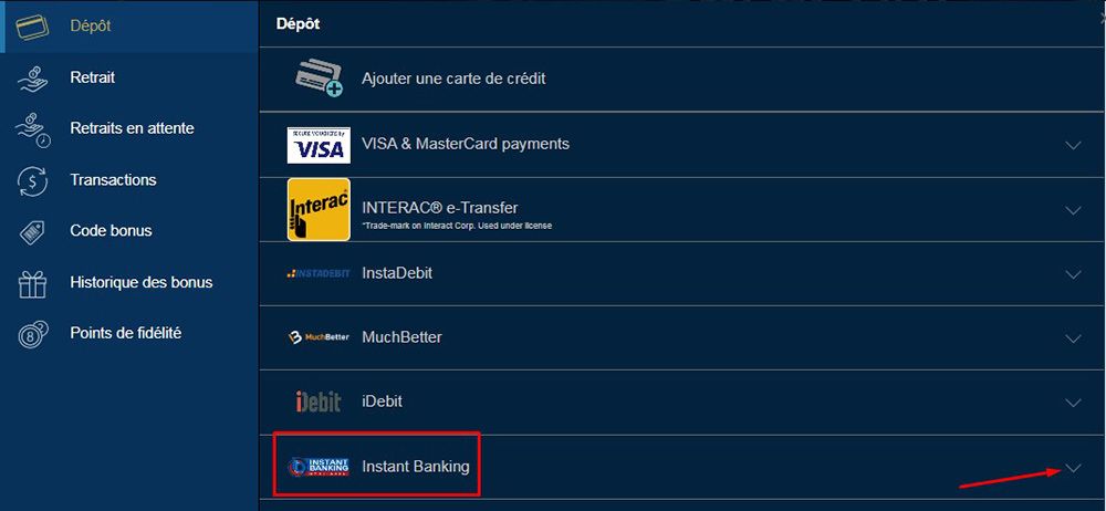 Dépôt avec banque instantanée Étape 3
