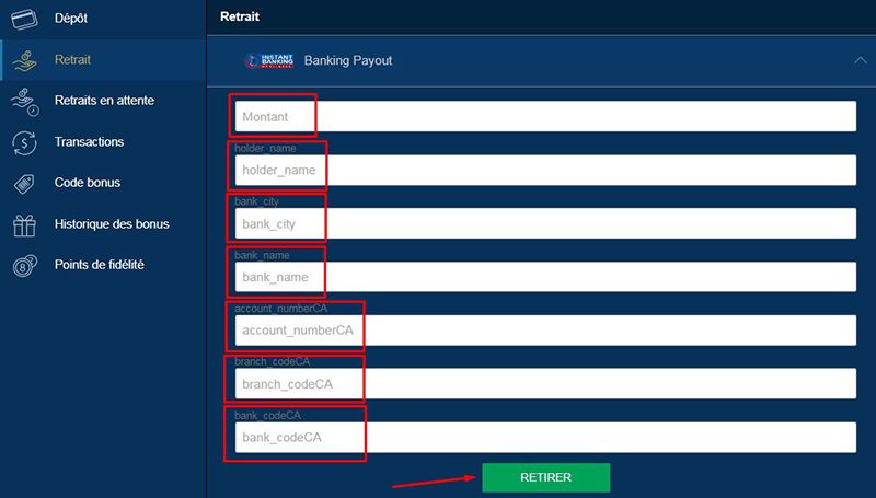 Transfert immédiat de votre compte personnel à votre casino.