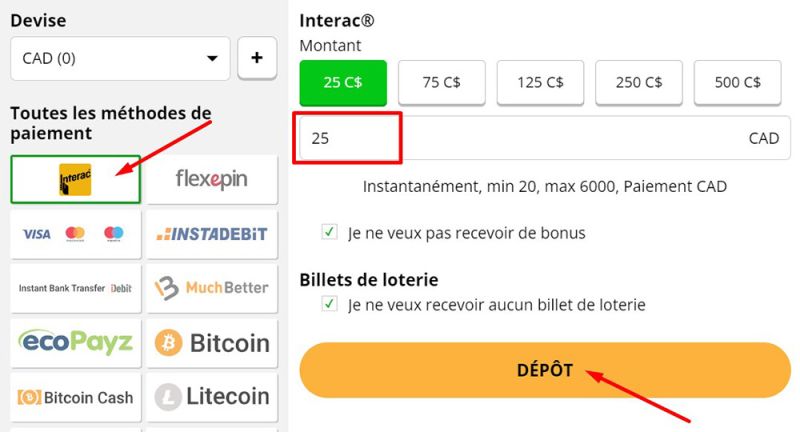 Choisissez le paiement Interac