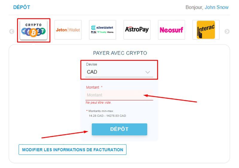 Dépôt avec Litecoin Étape 3