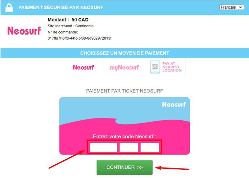 Entrez le code à 10 caractères de votre bon d'achat Neosurf pour procéder.