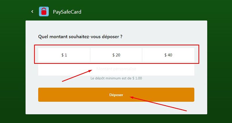 Dépôt avec PaysafeCard Étape 4