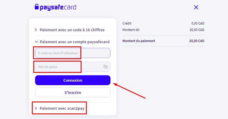 Dépôt avec PaysafeCard Étape 6