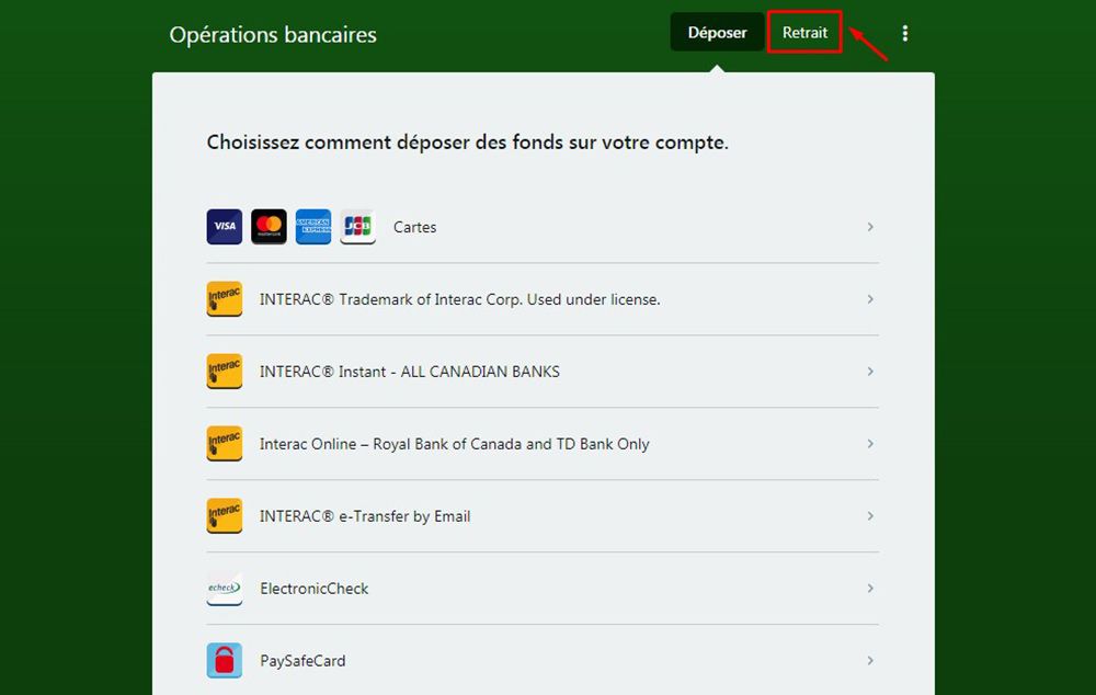 Retrait avec PaySafeCard Étape 2
