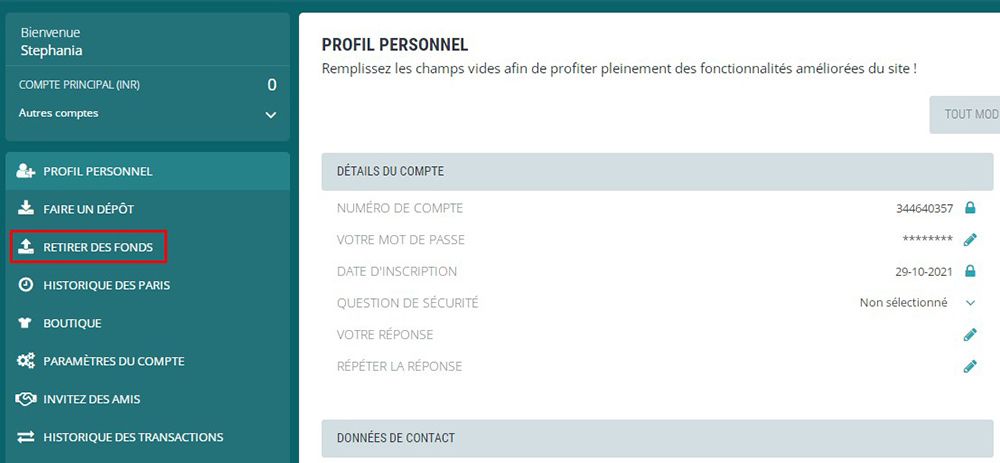 Cliquez sur « Retrait »
