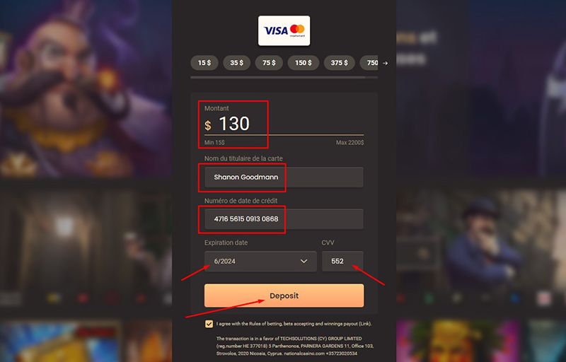 Dépôt avec Visa Étape 5