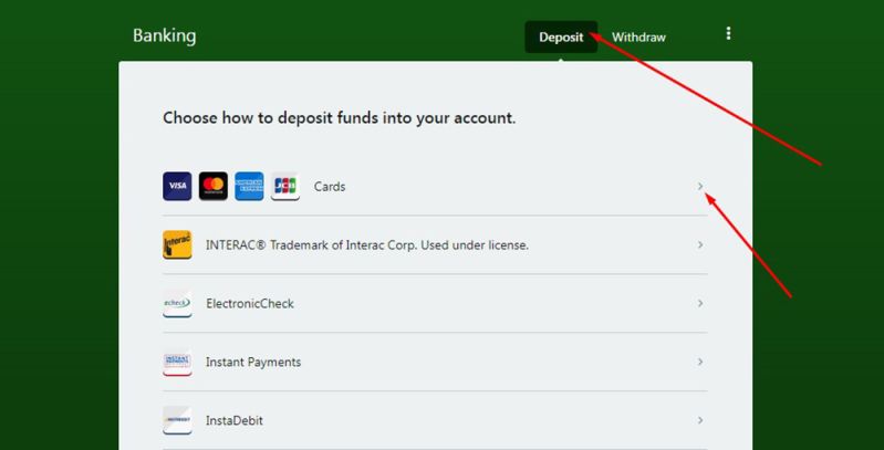 Depositing option in casino