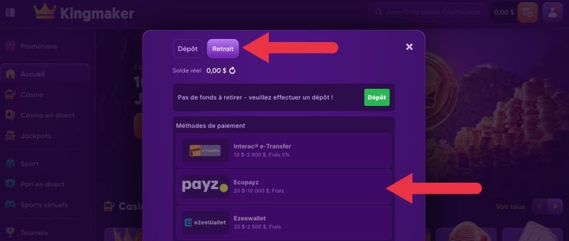 Retrait avec EcoPayz Étape 2