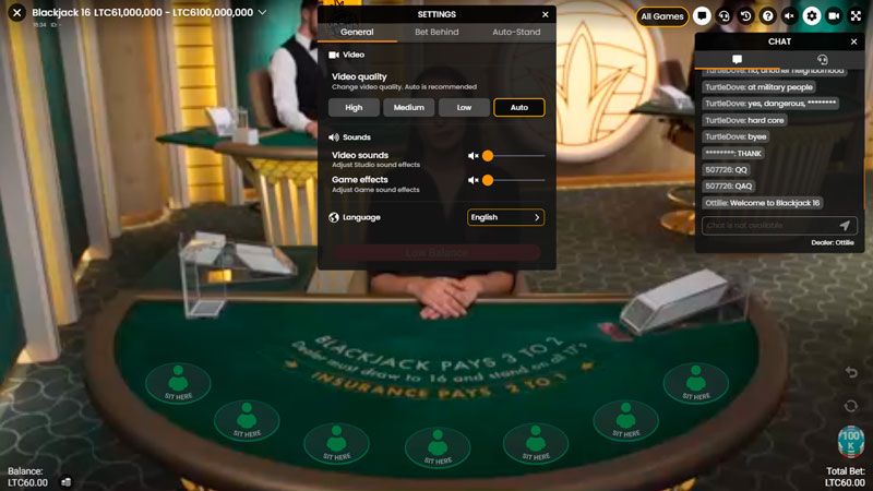 Settings panel for live dealer blackjack